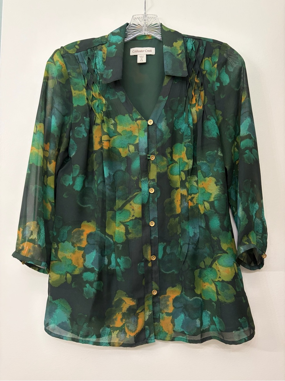 Coldwater Creek Green & Gold Floral Collared Blouse Size XS 4-6